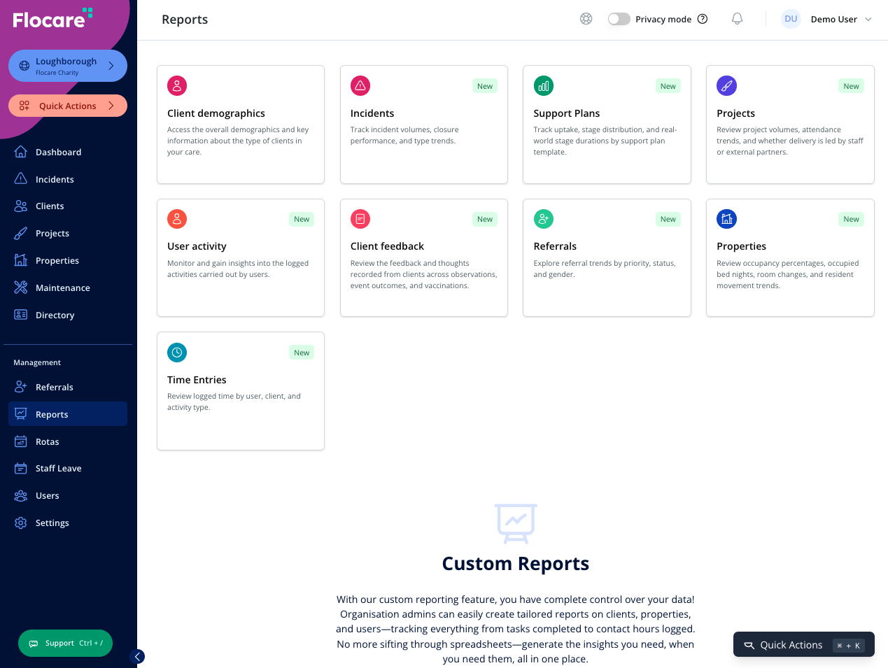 Flocare dashboard showing reporting, charts and operational insights