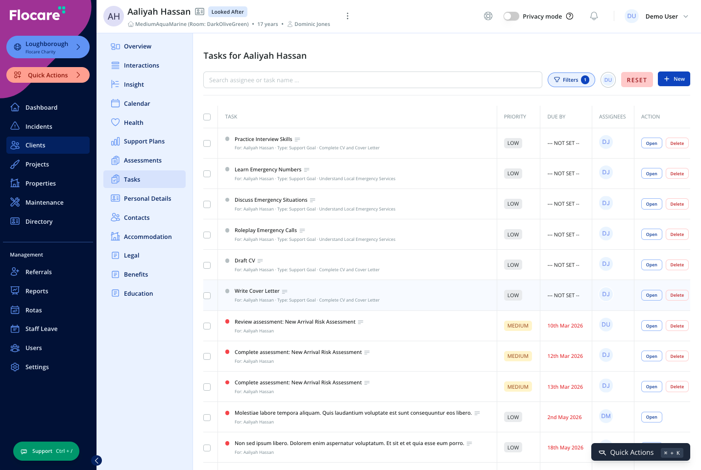 Flocare task management dashboard showing assigned work and care operations